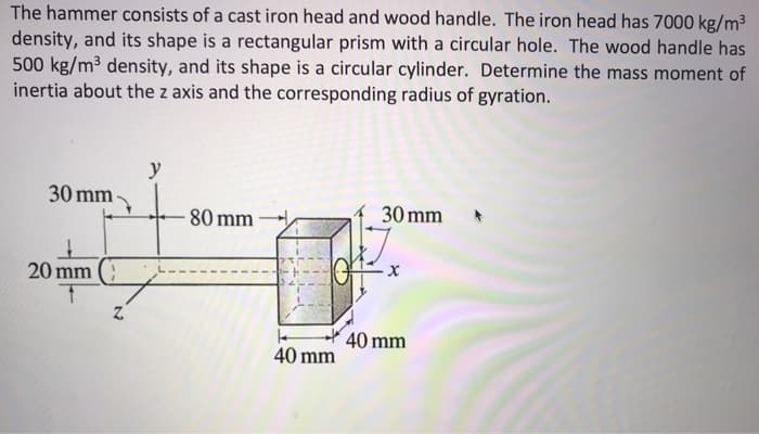 The hammer consists of a cast iron head and wood handle. The iron head has 7000 kg/m³
density, and its shape is a rectangular prism with a circular hole. The wood handle has
500 kg/m³ density, and its shape is a circular cylinder. Determine the mass moment of
inertia about the z axis and the corresponding radius of gyration.
30 mm-
1
20 mm
T
Z
y
80 mm
40 mm
30 mm
40 mm
