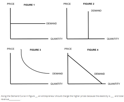 PRICE
PRICE
FIGURE 1
FIGURE 3
DEMAND
QUANTITY
DEMAND
QUANTITY
PRICE
PRICE
FIGURE 2
DEMAND
FIGURE 4
DEMAND
QUANTITY
QUANTITY
Along the Demand Curve in Figure an entrepreneur should charge the higher prices because the elasticity is and total
revenue