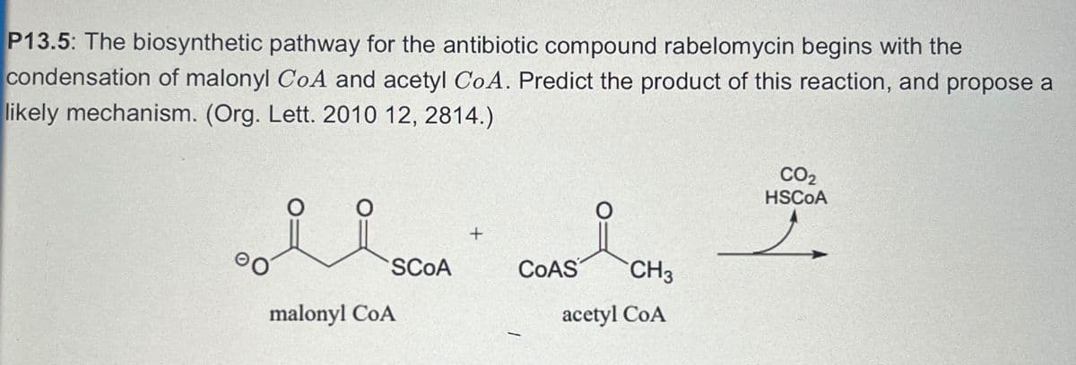 P13.5: The biosynthetic pathway for the antibiotic compound rabelomycin begins with the
condensation of malonyl CoA and acetyl CoA. Predict the product of this reaction, and propose a
likely mechanism. (Org. Lett. 2010 12, 2814.)
? ?
ΘΟ
malonyl CoA
SCOA
+
COAS
CH3
acetyl CoA
CO2
HSCOA