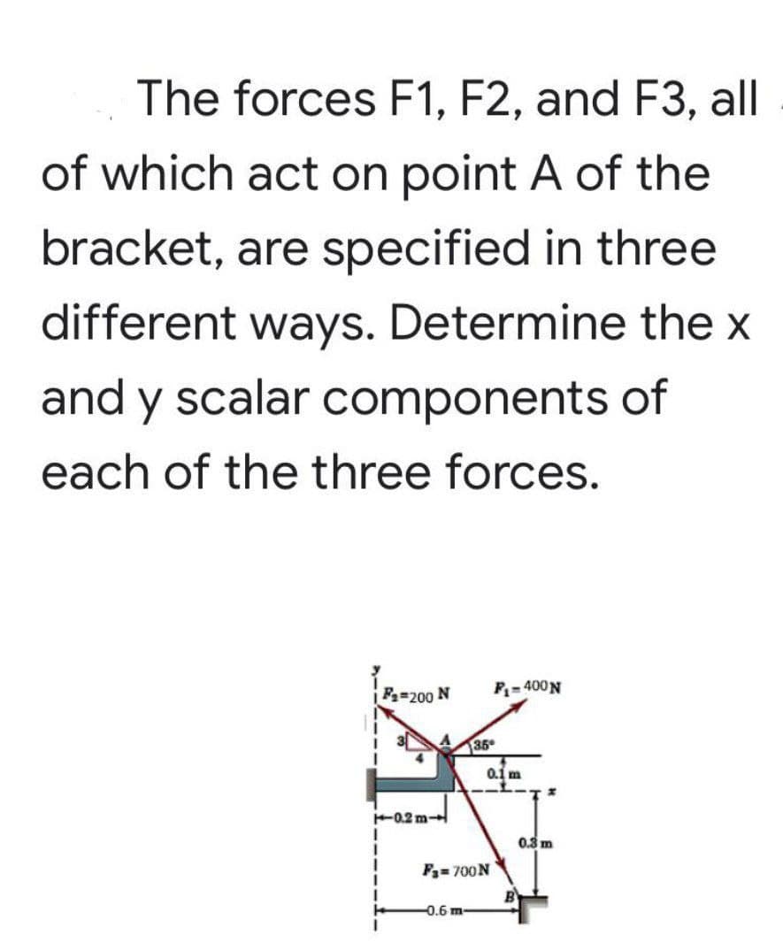 The forces F1, F2, and F3, all
of which act on point A of the
bracket, are specified in three
different ways. Determine the x
and y scalar components of
each of the three forces.
P- 400N
F=200 N
135
0.1m
-0.2 m
0.8 m
F= 700N
-0.6 m-
