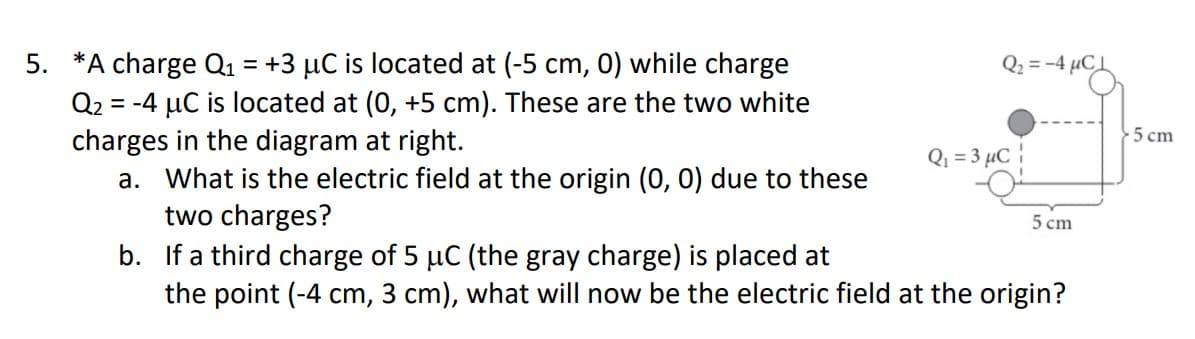 5. *A charge Q₁ = +3 µC is located at (-5 cm, 0) while charge
Q₂ = -4 μC is located at (0, +5 cm). These are the two white
charges in the diagram at right.
a. What is the electric field at the origin (0, 0) due to these
two charges?
b.
If a third charge of 5 µC (the gray charge) is placed at
the point (-4 cm, 3 cm), what will now be the electric field at the origin?
Q₁ = 3 μC ¦
5 cm
5 cm