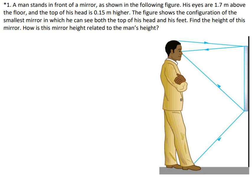 *1. A man stands in front of a mirror, as shown in the following figure. His eyes are 1.7 m above
the floor, and the top of his head is 0.15 m higher. The figure shows the configuration of the
smallest mirror in which he can see both the top of his head and his feet. Find the height of this
mirror. How is this mirror height related to the man's height?