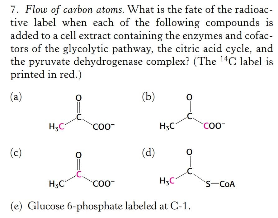7. Flow of carbon atoms. What is the fate of the radioac-
tive label when each of the following compounds is
added to a cell extract containing the enzymes and cofac-
tors of the glycolytic pathway, the citric acid cycle, and
the pyruvate dehydrogenase complex? (The ¹4C label is
printed in red.)
(a)
(c)
H3C
H3C
O
C.
O
C.
COO
COO-
(b)
(d)
H3C
H₂C
O
C.
O
C.
(e) Glucose 6-phosphate labeled at C-1.
COO™
S-COA