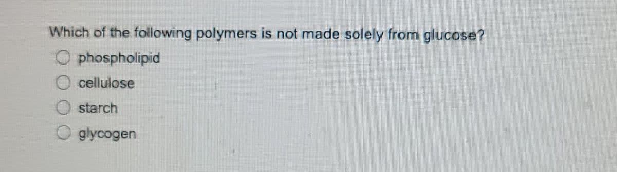 Which of the following polymers is not made solely from glucose?
phospholipid
cellulose
starch
glycogen
