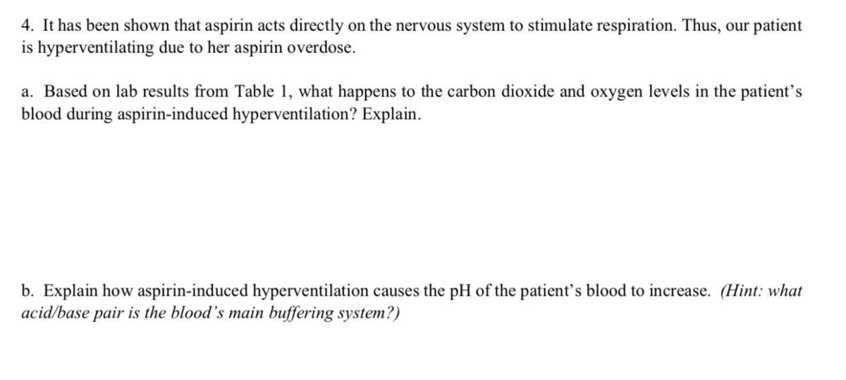 4. It has been shown that aspirin acts directly on the nervous system to stimulate respiration. Thus, our patient
is hyperventilating due to her aspirin overdose.
a. Based on lab results from Table 1, what happens to the carbon dioxide and oxygen levels in the patient's
blood during aspirin-induced hyperventilation? Explain.
b. Explain how aspirin-induced hyperventilation causes the pH of the patient's blood to increase. (Hint: what
acid/base pair is the blood's main buffering system?)
