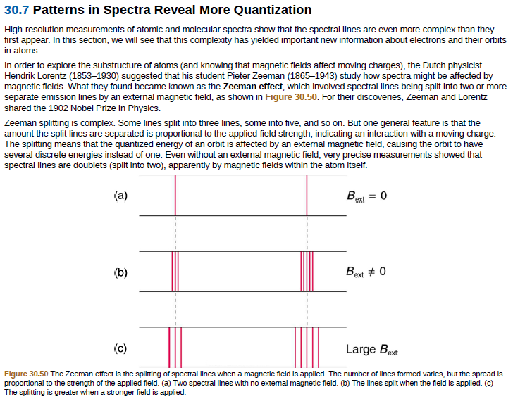30.7 Patterns in Spectra Reveal More Quantization
High-resolution measurements of atomic and molecular spectra show that the spectral lines are even more complex than they
first appear. In this section, we will see that this complexity has yielded important new information about electrons and their orbits
in atoms.
In order to explore the substructure of atoms (and knowing that magnetic fields affect moving charges), the Dutch physicist
Hendrik Lorentz (1853–1930) suggested that his student Pieter Zeeman (1865–1943) study how spectra might be affected by
magnetic fields. What they found became known as the Zeeman effect, which involved spectral lines being split into two or more
separate emission lines by an external magnetic field, as shown in Figure 30.50. For their discoveries, Zeeman and Lorentz
shared the 1902 Nobel Prize in Physics.
Zeeman splitting is complex. Some lines split into three lines, some into five, and so on. But one general feature is that the
amount the split lines are separated is proportional to the applied field strength, indicating an interaction with a moving charge.
The splitting means that the quantized energy of an orbit is affected by an external magnetic field, causing the orbit to have
several discrete energies instead of one. Even without an external magnetic field, very precise measurements showed that
spectral lines are doublets (split into two), apparently by magnetic fields within the atom itself.
(a)
Ben = 0
(b)
Bext # 0
(c)
Large Bot
Figure 30.50 The Zeeman effect is the splitting of spectral lines when a magnetic field is applied. The number of lines formed varies, but the spread is
proportional to the strength of the applied field. (a) Two spectral lines with no external magnetic field. (b) The lines split when the field is applied. (c)
The splitting is greater when a stronger field is applied.
