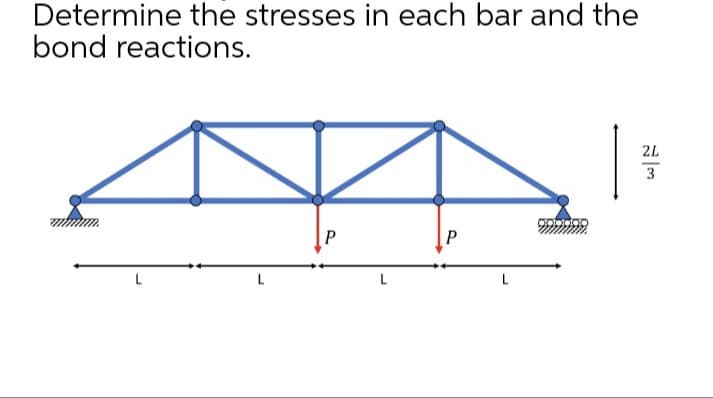 Determine the stresses in each bar and the
bond reactions.
2L
3
999999
P
P
L
L
L
L