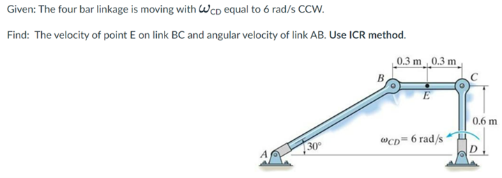 Given: The four bar linkage is moving with WCD equal to 6 rad/s CCW.
Find: The velocity of point E on link BC and angular velocity of link AB. Use ICR method.
30°
B
0.3 m 0.3 m
E
WCD= 6 rad/s
0.6 m