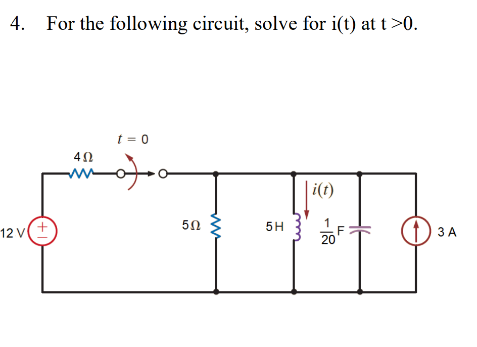 4. For the following circuit, solve for i(t) at t >0.
12 V
(+1)
4Ω
m
t = 0
5Ω
5H
i(t)
20
16
3 A