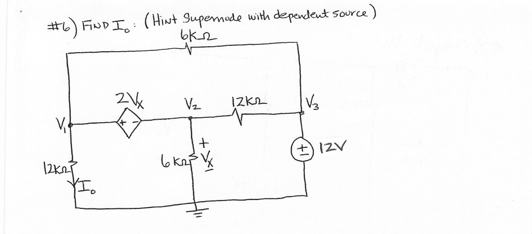 #6) FIND I: (HiNt Supernode with dependent source)
ька
12K2²7
YI.
21
V₂
6 KR ³ V X
IZK2
√₂
+ 12V