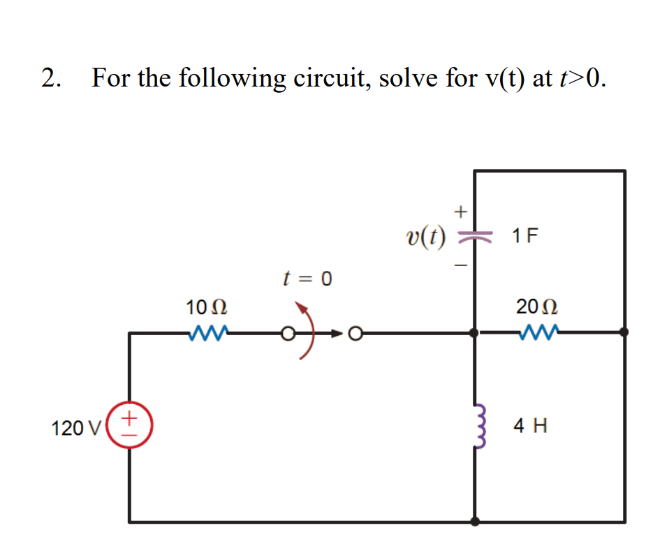 2.
For the following circuit, solve for v(t) at t>0.
120 V
1+
10 Ω
t = 0
of
v(t)
+
1F
20 Ω
ww
4 H
