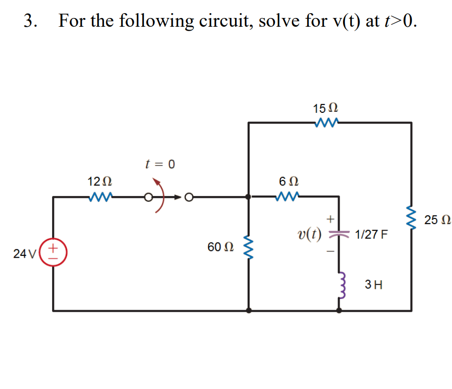 3. For the following circuit, solve for v(t) at t>0.
24V
+
Μ
12Ω
Μ
t = 0
όλοι
60 Ω
Μ
6Ω
15 Ω
W
v(t)
+
1/27 F
3H
25 Ω