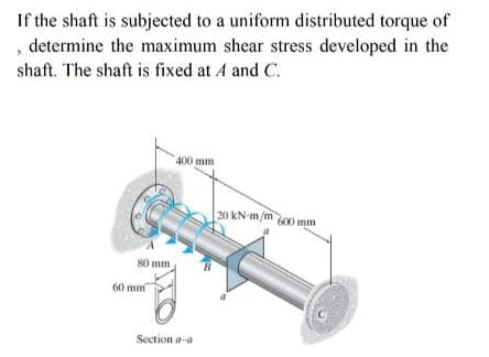 If the shaft is subjected to a uniform distributed torque of
, determine the maximum shear stress developed in the
shaft. The shaft is fixed at A and C.
400 mm
20 kN m/m 6o0 mm
80 mm
60 mm
Section a-a
