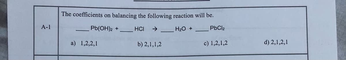 The coefficients on balancing the following reaction will be.
А-1
Pb(OH)2 +
HCI
->
H20 +
PbCl2
a) 1,2,2,1
b) 2,1,1,2
c) 1,2,1,2
d) 2,1,2,1
