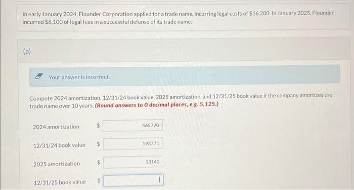 In early January 2024, Flounder Corporation applied for a trade name, incurring legal costs of $16,200. In January 2025, Flounder
incurred $8,100 of legal fees in a successful defense of its trade name.
(a)
Your answer is incorrect.
Compute 2024 amortization, 12/31/24 book value, 2025 amortization, and 12/31/25 book value if the company amortizes the
trade name over 10 years. (Round answers to 0 decimal places, e.g. 5,125.)
2024 amortization.
12/31/24 book value
2025 amortization
12/31/25 book value.
$
$
$
$
465790
193771
13140
1