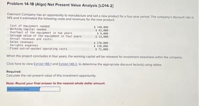 Problem 14-18 (Algo) Net Present Value Analysis [LO14-2]
Oakmont Company has an opportunity to manufacture and sell a new product for a four-year period. The company's discount rate is
14% and it estimated the following costs and revenues for the new product:
Cost of equipment needed
Working capital needed
Overhaul of the equipment in two years
Salvage value of the equipment in four years
Annual revenues and costs:
Sales revenues
$ 140,000
$ 62,000
$ 9,000
$ 13,000
$ 270,000
Variable expenses
$ 130,000
Fixed out-of-pocket operating costs
$ 72,000
When the project concludes in four years, the working capital will be released for investment elsewhere within the company.
Click here to view Exhibit 148-1 and Exhibit 148-2, to determine the appropriate discount factor(s) using tables.
Required:
Calculate the net present value of this investment opportunity.
Note: Round your final answer to the nearest whole dollar amount.
Net present value