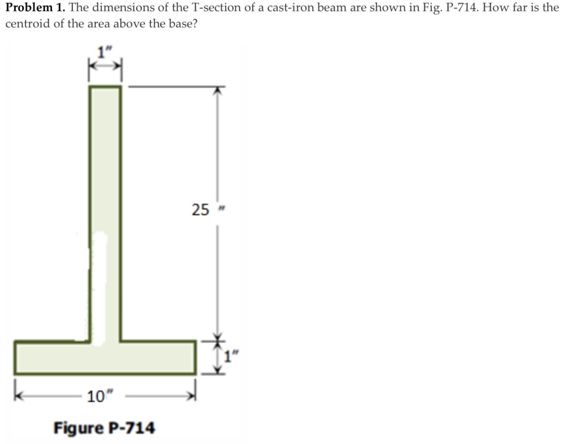 Problem 1. The dimensions of the T-section of a cast-iron beam are shown in Fig. P-714. How far is the
centroid of the area above the base?
25
10"
Figure P-714
