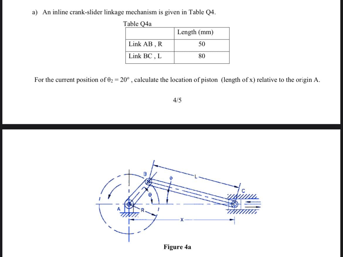 a) An inline crank-slider linkage mechanism is given in Table Q4.
Table Q4a
Length (mm)
Link AB , R
50
Link BC , L
80
For the current position of 02 = 20° , calculate the location of piston (length ofx) relative to the origin A.
4/5
B
Figure 4a
