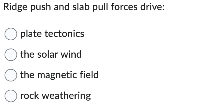 Ridge push and slab pull forces drive:
O plate tectonics
the solar wind
O the magnetic field
O rock weathering