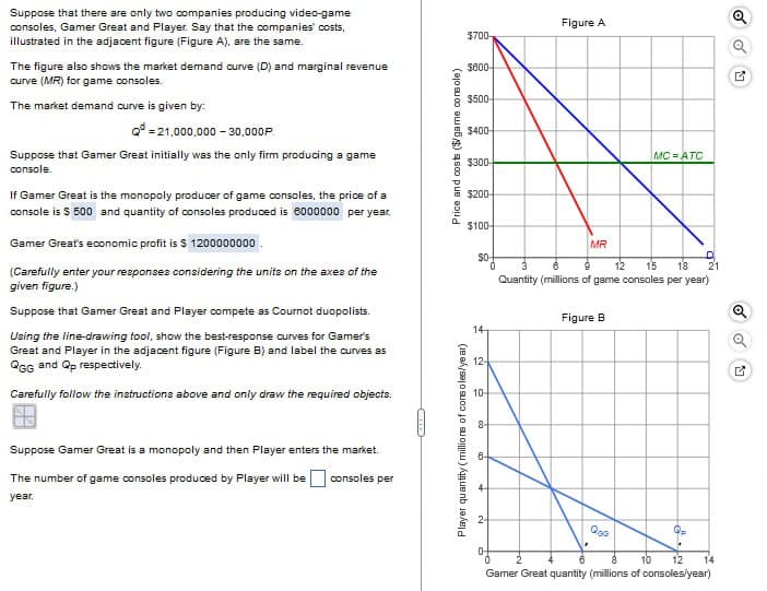 Suppose that there are only two companies producing video-game
consoles, Gamer Great and Player. Say that the companies' costs,
illustrated in the adjacent figure (Figure A), are the same.
The figure also shows the market demand curve (D) and marginal revenue
curve (MR) for game consoles.
The market demand curve is given by:
Qd=21,000,000 -30,000P
Suppose that Gamer Great initially was the only firm producing a game
console.
If Gamer Great is the monopoly producer of game consoles, the price of a
console is $ 500 and quantity of consoles produced is 6000000 per year.
Gamer Great's economic profit is $ 1200000000.
(Carefully enter your responses considering the units on the axes of the
given figure.)
Suppose that Gamer Great and Player compete as Cournot duopolists.
Using the line-drawing tool, show the best-response curves for Gamer's
Great and Player in the adjacent figure (Figure B) and label the curves as
QGG and Qp respectively.
Carefully follow the instructions above and only draw the required objects.
Suppose Gamer Great is a monopoly and then Player enters the market.
The number of game consoles produced by Player will be consoles per
year.
Player quantity (millions of consoles/year)
Price and costs ($game console)
14
12-
10-
$700-
$800-
$500-
Figure A
$400-
$300-
MC=ATC
$200-
$100-
SO-
MR
6
12 15 18
3
21
Quantity (millions of game consoles per year)
Figure B
Qoo
10
12
14
Gamer Great quantity (millions of consoles/year)
G
[