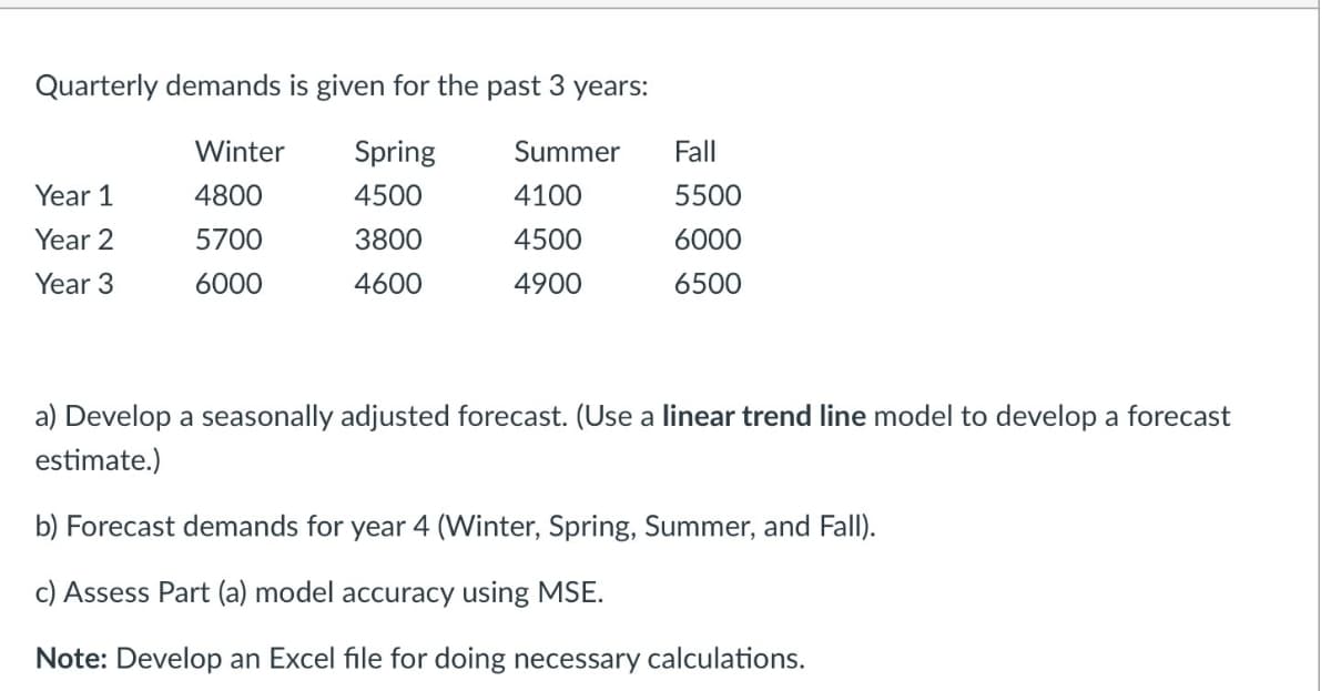 Quarterly demands is given for the past 3 years:
Winter
Spring
Summer
Fall
Year 1
4800
4500
4100
5500
Year 2
5700
3800
4500
6000
Year 3
6000
4600
4900
6500
a) Develop a seasonally adjusted forecast. (Use a linear trend line model to develop a forecast
estimate.)
b) Forecast demands for year 4 (Winter, Spring, Summer, and Fall).
c) Assess Part (a) model accuracy using MSE.
Note: Develop an Excel file for doing necessary calculations.
