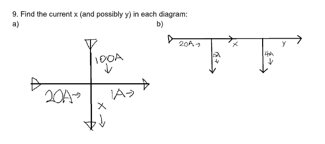 9. Find the current x (and possibly y) in each diagram:
a)
b)
Đ
2012
100A
↓
X
tê
↓
IA →
D
20A →
4A
↓