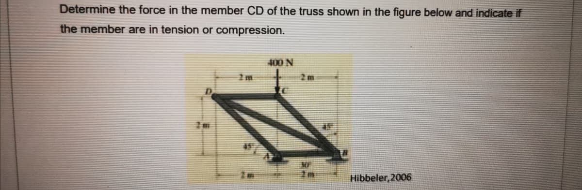 Determine the force in the member CD of the truss shown in the figure below and indicate if
the member are in tension or compression.
400 N
1辦
Hibbeler, 2006
