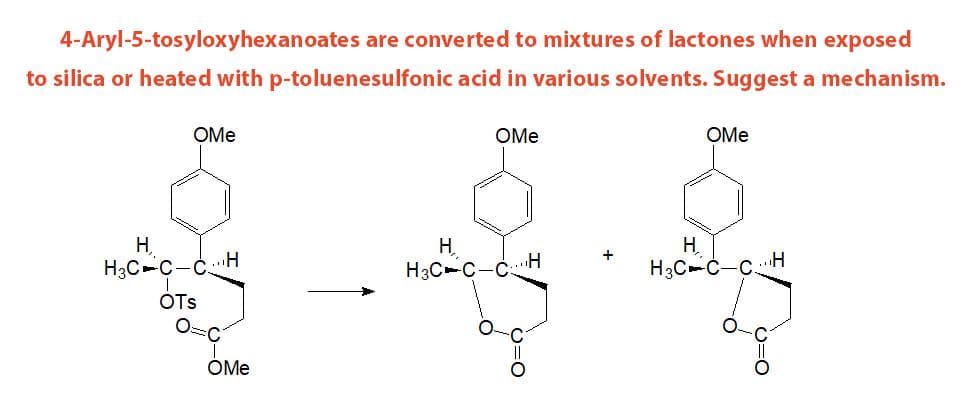 4-Aryl-5-tosyloxyhexanoates are converted to mixtures of lactones when exposed
to silica or heated with p-toluenesulfonic acid in various solvents. Suggest a mechanism.
OMe
OMe
OMe
H.
H3C-C-C. H
H.
H3C-C-C
H.
H3C-C-C
OTs
OMe
O=
O=0
