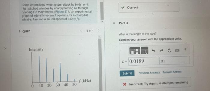 Some caterpillars, when under attack by birds, emit
high-pitched whistles by sharply forcing air through
openings in their thorax. (Eigure 1) is an experimental
graph of intensity versus frequency for a caterpillar
whistle. Assume a sound speed of 340 m/s.
Figure
Intensity
0 10 20 30 40 50
<
1 of 1
-f(kHz)
Correct
Part B
What is the length of the tube?
Express your answer with the appropriate units.
L- 0.0189
Submit
m
Previous Answers Request Answer
?
X Incorrect; Try Again; 4 attempts remaining