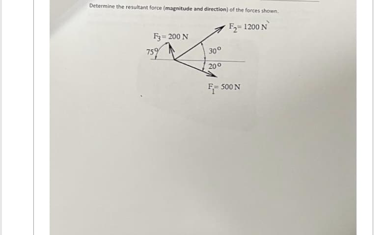 Determine the resultant force (magnitude and direction) of the forces shown.
F₂= 1200 N
F3= 200 N
75%
30°
20⁰
F-500 N