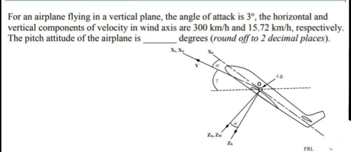 For an airplane flying in a vertical plane, the angle of attack is 3°, the horizontal and
vertical components of velocity in wind axis are 300 km/h and 15.72 km/h, respectively.
The pitch attitude of the airplane is
degrees (round off to 2 decimal places).
X, X.
cg.
Zs Zw
FRL
