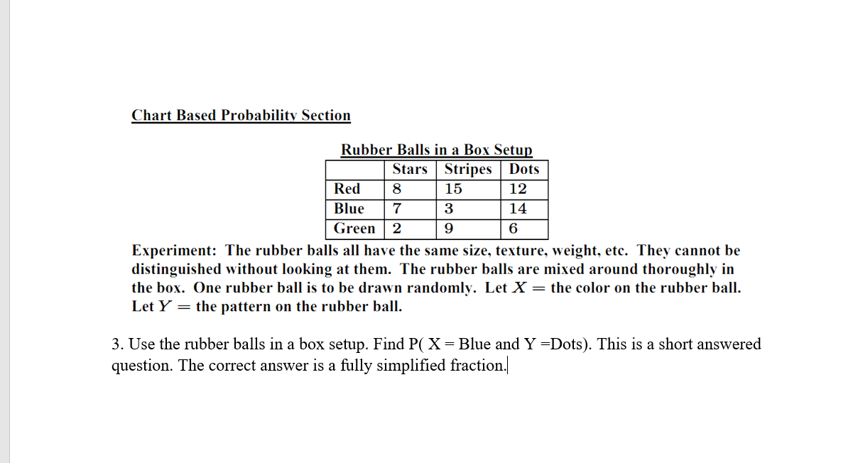 Chart Based Probability Section
Rubber Balls in a Box Setup
Stars Stripes | Dots
Red
8
15
12
Blue
7
3
14
Green | 2
9
6
Experiment: The rubber balls all have the same size, texture, weight, etc. They cannot be
distinguished without looking at them. The rubber balls are mixed around thoroughly in
the box. One rubber ball is to be drawn randomly. Let X= the color on the rubber ball.
Let Y = the pattern on the rubber ball.
%3D
3. Use the rubber balls in a box setup. Find P(X=Blue and Y=Dots). This is a short answered
question. The correct answer is a fully simplified fraction.
