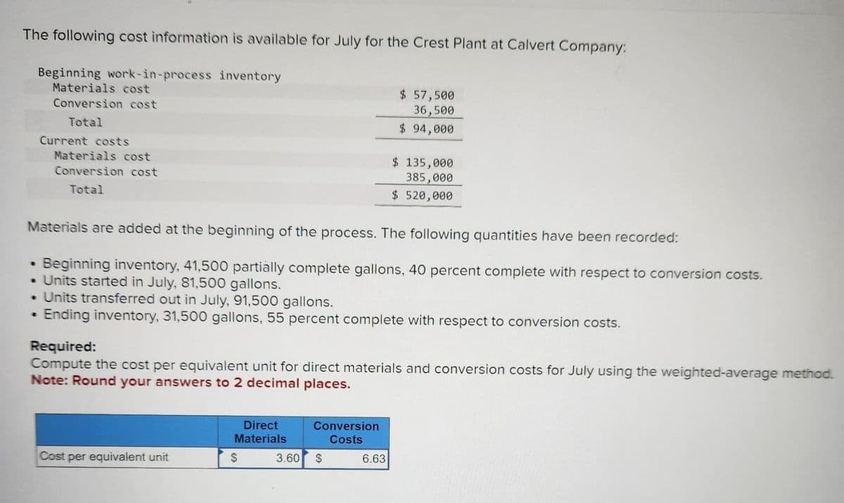 The following cost information is available for July for the Crest Plant at Calvert Company:
Beginning work-in-process inventory
Materials cost
Conversion cost
Total
●
Current costs
Materials cost
Conversion cost
Total
Materials are added at the beginning of the process. The following quantities have been recorded:
Beginning inventory, 41,500 partially complete gallons, 40 percent complete with respect to conversion costs.
Units started in July, 81,500 gallons.
• Units transferred out in July, 91,500 gallons.
Ending inventory, 31,500 gallons, 55 percent complete with respect to conversion costs.
Cost per equivalent unit
Required:
Compute the cost per equivalent unit for direct materials and conversion costs for July using the weighted-average method.
Note: Round your answers to 2 decimal places.
Direct
Materials
$
3.60
Conversion
Costs
$ 57,500
36,500
$ 94,000
$
$ 135,000
385,000
$ 520,000
6.63
