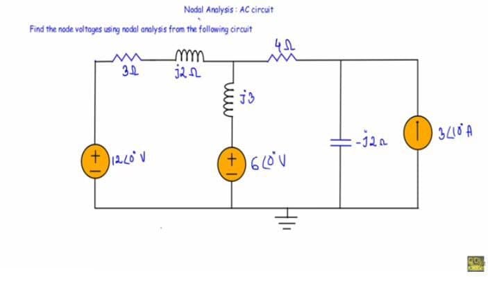 Nodal Analysis: AC circuit
Find the node voltages using nodal analysis from the following circuit
mm
j2
3
+1260° V
www
452
J3
+620V
E-J20 11 3410A