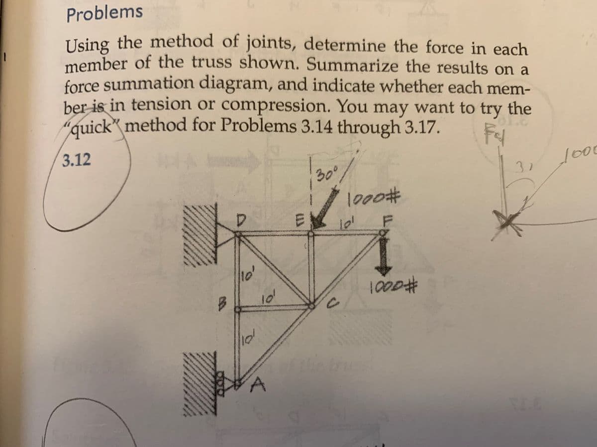 1
Problems
Using the method of joints, determine the force in each
member of the truss shown. Summarize the results on a
force summation diagram, and indicate whether each mem-
ber is in tension or compression. You may want to try the
"quick" method for Problems 3.14 through 3.17.
ord
Fel
3.12
30°
1000#
D
H
DICK
110
lel
10¹
L
E
C
lol
in
1000 #
31
1000