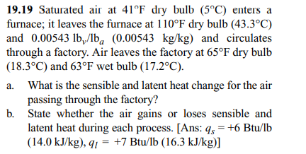 19.19 Saturated air at 41°F dry bulb (5°C) enters a
furnace; it leaves the furnace at 110°F dry bulb (43.3°C)
and 0.00543 lb,/lbą (0.00543 kg/kg) and circulates
through a factory. Air leaves the factory at 65°F dry bulb
(18.3°C) and 63°F wet bulb (17.2°C).
a. What is the sensible and latent heat change for the air
passing through the factory?
b. State whether the air gains or loses sensible and
latent heat during each process. [Ans: q, = +6 Btu/lb
(14.0 kJ/kg), q1 = +7 Btu/lb (16.3 kJ/kg)]

