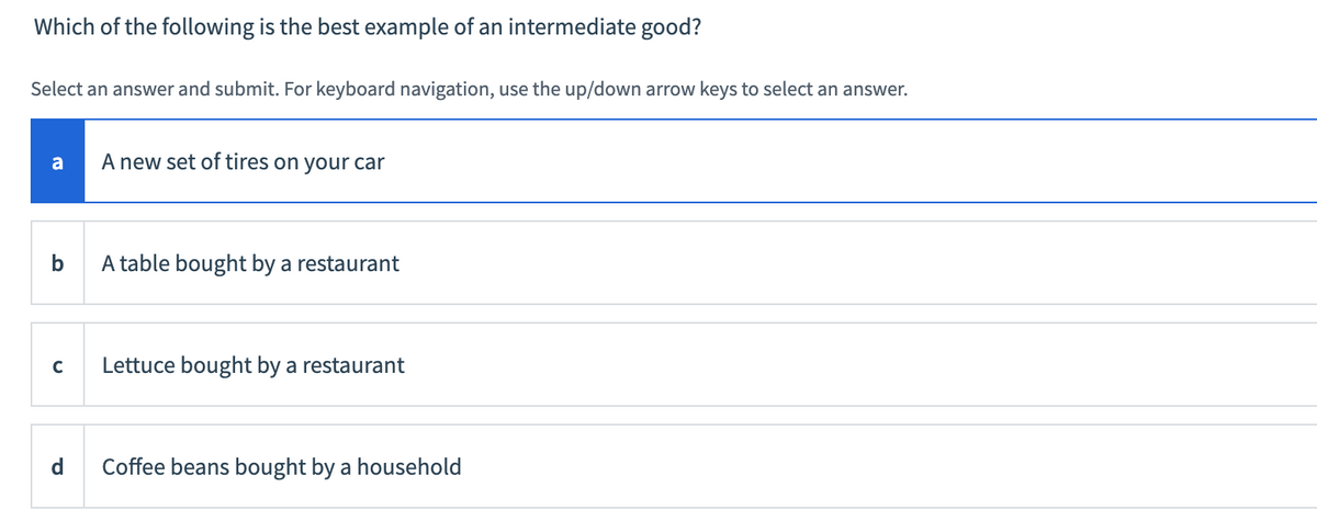 Which of the following is the best example of an intermediate good?
Select an answer and submit. For keyboard navigation, use the up/down arrow keys to select an answer.
a
A new set of tires on your car
b
A table bought by a restaurant
C
Lettuce bought by a restaurant
d
Coffee beans bought by a household