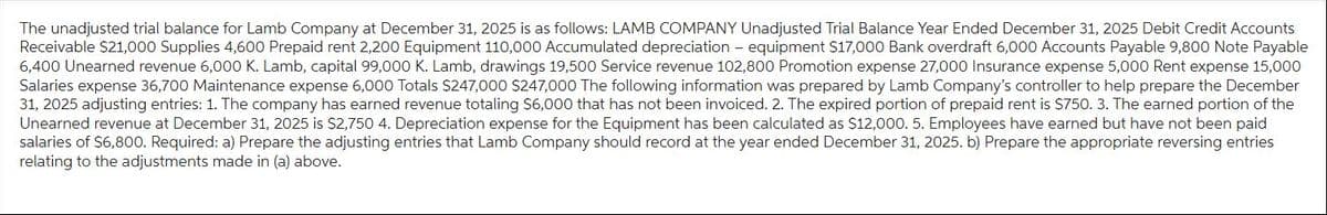 The unadjusted trial balance for Lamb Company at December 31, 2025 is as follows: LAMB COMPANY Unadjusted Trial Balance Year Ended December 31, 2025 Debit Credit Accounts
Receivable $21,000 Supplies 4,600 Prepaid rent 2,200 Equipment 110,000 Accumulated depreciation - equipment $17,000 Bank overdraft 6,000 Accounts Payable 9,800 Note Payable
6,400 Unearned revenue 6,000 K. Lamb, capital 99,000 K. Lamb, drawings 19,500 Service revenue 102,800 Promotion expense 27,000 Insurance expense 5,000 Rent expense 15,000
Salaries expense 36,700 Maintenance expense 6,000 Totals $247,000 $247,000 The following information was prepared by Lamb Company's controller to help prepare the December
31, 2025 adjusting entries: 1. The company has earned revenue totaling $6,000 that has not been invoiced. 2. The expired portion of prepaid rent is $750. 3. The earned portion of the
Unearned revenue at December 31, 2025 is $2,750 4. Depreciation expense for the Equipment has been calculated as $12,000. 5. Employees have earned but have not been paid
salaries of $6,800. Required: a) Prepare the adjusting entries that Lamb Company should record at the year ended December 31, 2025. b) Prepare the appropriate reversing entries
relating to the adjustments made in (a) above.