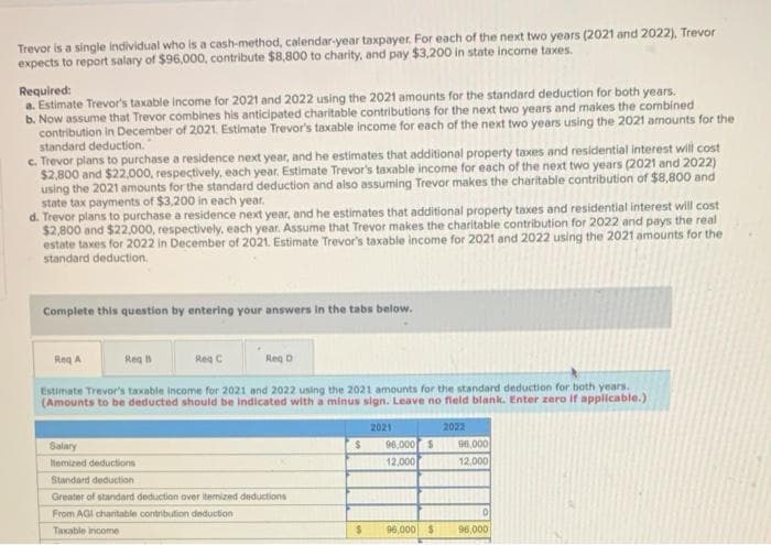 Trevor is a single individual who is a cash-method, calendar-year taxpayer. For each of the next two years (2021 and 2022), Trevor
expects to report salary of $96,000, contribute $8,800 to charity, and pay $3,200 in state income taxes.
Required:
a. Estimate Trevor's taxable income for 2021 and 2022 using the 2021 amounts for the standard deduction for both years.
b. Now assume that Trevor combines his anticipated charitable contributions for the next two years and makes the combined
contribution in December of 2021. Estimate Trevor's taxable income for each of the next two years using the 2021 amounts for the
standard deduction.
c. Trevor plans to purchase a residence next year, and he estimates that additional property taxes and residential interest will cost
$2,800 and $22,000, respectively, each year. Estimate Trevor's taxable income for each of the next two years (2021 and 2022)
using the 2021 amounts for the standard deduction and also assuming Trevor makes the charitable contribution of $8,800 and
state tax payments of $3,200 in each year.
d. Trevor plans to purchase a residence next year, and he estimates that additional property taxes and residential interest will cost
$2,800 and $22,000, respectively, each year. Assume that Trevor makes the charitable contribution for 2022 and pays the real
estate taxes for 2022 in December of 2021. Estimate Trevor's taxable income for 2021 and 2022 using the 2021 amounts for the
standard deduction.
Complete this question by entering your answers in the tabs below.
Req A
Rea B
Reg C
Reg D
Estimate Trevor's taxable income for 2021 and 2022 using the 2021 amounts for the standard deduction for both years.
(Amounts to be deducted should be indicated with a minus sign. Leave no field blank. Enter zero if applicable.)
2022
Salary
temized deductions
Standard deduction
Greater of standard deduction over itemized deductions
From AGI charitable contribution deduction
Taxable income
$
$
2021
96,000 $
12,000
96,000 $
96,000
12,000
96,000