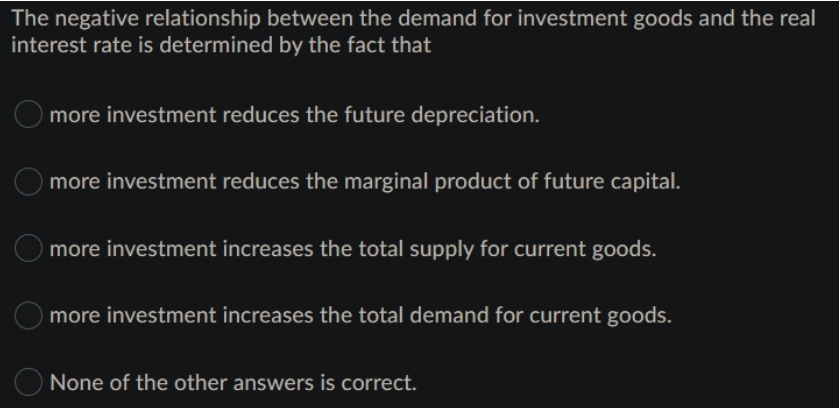 The negative relationship between the demand for investment goods and the real
interest rate is determined by the fact that
more investment reduces the future depreciation.
more investment reduces the marginal product of future capital.
more investment increases the total supply for current goods.
more investment increases the total demand for current goods.
None of the other answers is correct.
