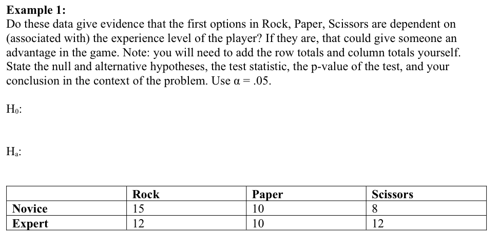 Example 1:
Do these data give evidence that the first options in Rock, Paper, Scissors are dependent on
(associated with) the experience level of the player? If they are, that could give someone an
advantage in the game. Note: you will need to add the row totals and column totals yourself.
State the null and alternative hypotheses, the test statistic, the p-value of the test, and your
conclusion in the context of the problem. Use a = .05.
Ho:
H₁:
Novice
Expert
Rock
15
12
Paper
10
10
Scissors
8
12