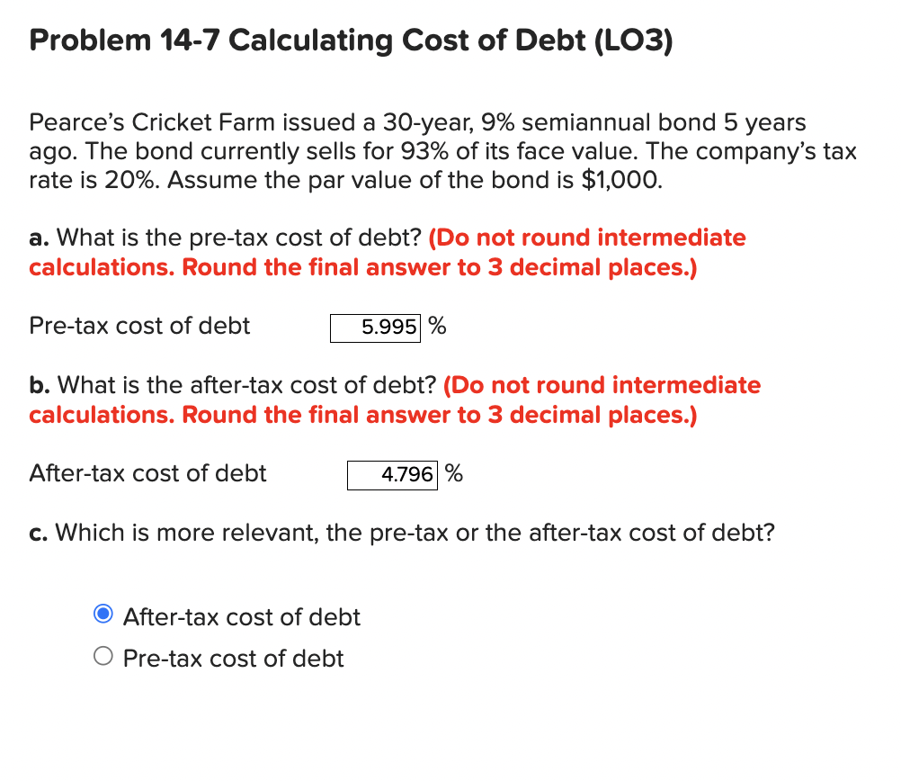 Problem 14-7 Calculating Cost of Debt (LO3)
Pearce's Cricket Farm issued a 30-year, 9% semiannual bond 5 years
ago. The bond currently sells for 93% of its face value. The company's tax
rate is 20%. Assume the par value of the bond is $1,000.
a. What is the pre-tax cost of debt? (Do not round intermediate
calculations. Round the final answer to 3 decimal places.)
Pre-tax cost of debt
5.995 %
b. What is the after-tax cost of debt? (Do not round intermediate
calculations. Round the final answer to 3 decimal places.)
After-tax cost of debt
4.796 %
c. Which is more relevant, the pre-tax or the after-tax cost of debt?
After-tax cost of debt
Pre-tax cost of debt