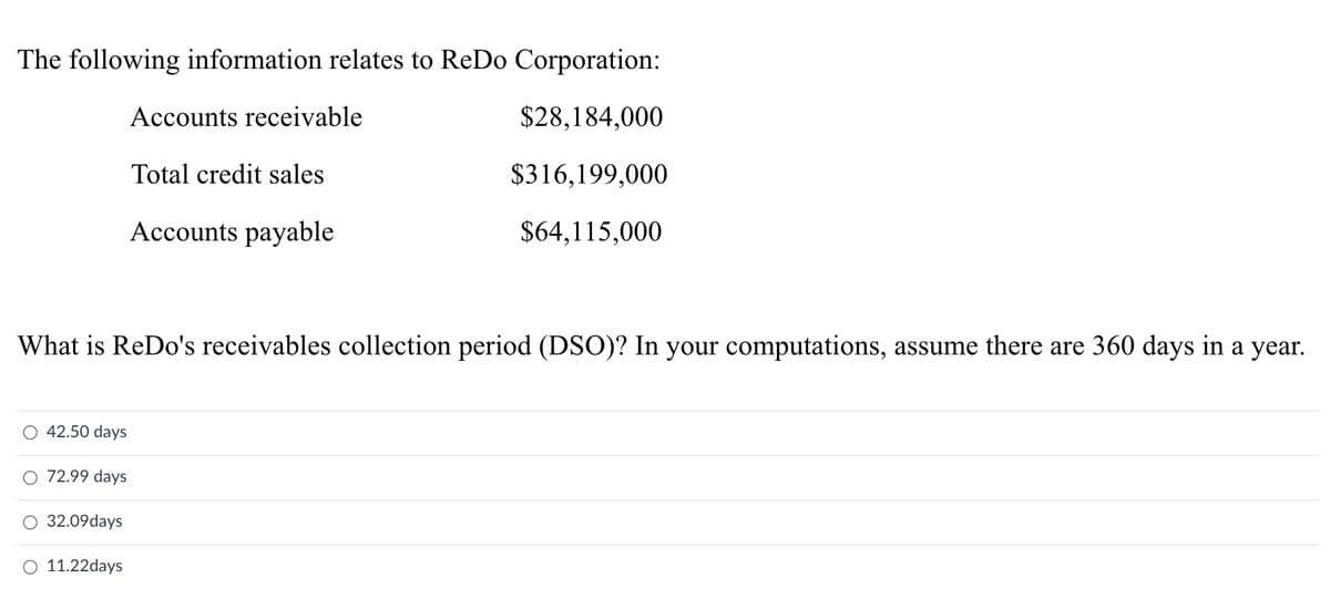 The following information relates to ReDo Corporation:
$28,184,000
$316,199,000
$64,115,000
What ReDo's receivables collection period (DSO)? In your computations, assume there are 360 days in a year.
42.50 days
O 72.99 days
32.09days
Accounts receivable
Total credit sales
Accounts payable
O 11.22days