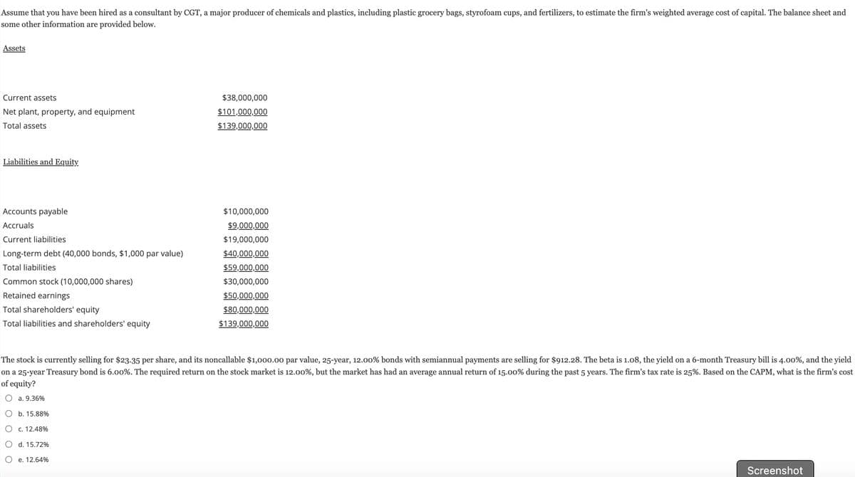 Assume that you have been hired as a consultant by CGT, a major producer of chemicals and plastics, including plastic grocery bags, styrofoam cups, and fertilizers, to estimate the firm's weighted average cost of capital. The balance sheet and
some other information are provided below.
Assets
Current assets
Net plant, property, and equipment
Total assets
Liabilities and Equity
Accounts payable
Accruals
Current liabilities
Long-term debt (40,000 bonds, $1,000 par value)
Total liabilities
Common stock (10,000,000 shares)
Retained earnings
Total shareholders' equity
Total liabilities and shareholders' equity
b. 15.88%
The stock is currently selling for $23.35 per share, and its noncallable $1,000.00 par value, 25-year, 12.00% bonds with semiannual payments are selling for $912.28. The beta is 1.08, the yield on a 6-month Treasury bill is 4.00%, and the yield
on a 25-year Treasury bond is 6.00%. The required return on the stock market is 12.00%, but the market has had an average annual return of 15.00% during the past 5 years. The firm's tax rate is 25%. Based on the CAPM, what is the firm's cost
of equity?
a. 9.36%
c. 12.48%
$38,000,000
$101,000,000
$139,000,000
d. 15.72%
e. 12.64%
$10,000,000
$9,000,000
$19,000,000
$40,000,000
$59,000,000
$30,000,000
$50,000,000
$80,000,000
$139,000,000
Screenshot