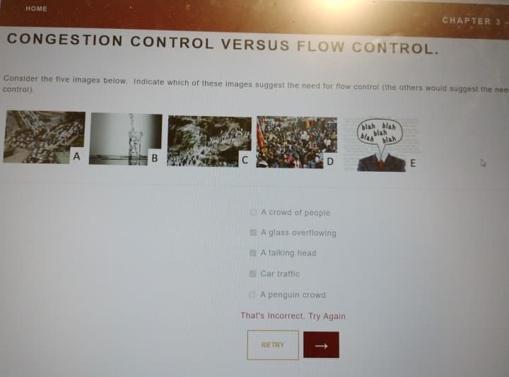 HOME
CONGESTION CONTROL VERSUS FLOW CONTROL.
CHAPTER 3
Consider the five images below. Indicate which of these images suggest the need for flow control (the others would suggest the nee
control).
A
blah blah
blah
blah
blah
B
C
E
A crowd of people
A glass overflowing
A talking head
Car traffic
A penguin crowd
That's Incorrect. Try Again
RETRY
->