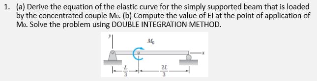 1. (a) Derive the equation of the elastic curve for the simply supported beam that is loaded
by the concentrated couple Mo. (b) Compute the value of El at the point of application of
Mo. Solve the problem using DOUBLE INTEGRATION METHOD.
Mo
NIM
23