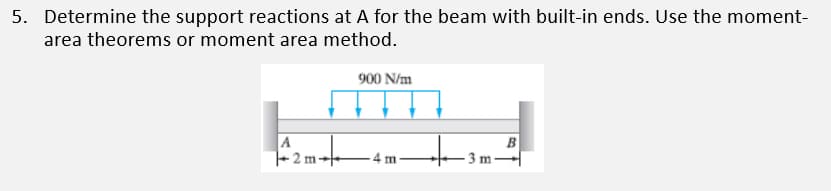 5. Determine the support reactions at A for the beam with built-in ends. Use the moment-
area theorems or moment area method.
900 N/m
B
A
7+2m-
-4 m
-3 m