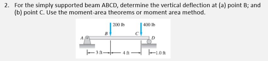 2. For the simply supported beam ABCD, determine the vertical deflection at (a) point B; and
(b) point C. Use the moment-area theorems or moment area method.
200 lb
|400 lb
B
|3ft-
4 ft-
с
-1.0 ft