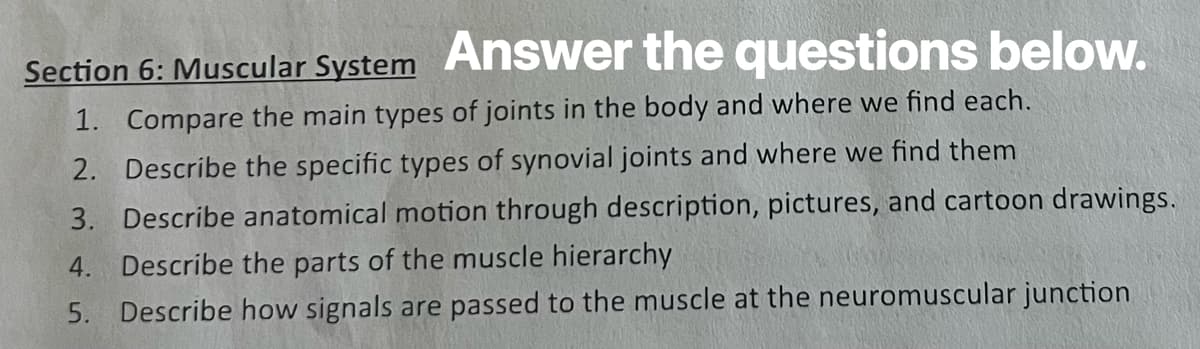 Section 6: Muscular System Answer the questions below.
1. Compare the main types of joints in the body and where we find each.
2. Describe the specific types of synovial joints and where we find them
3. Describe anatomical motion through description, pictures, and cartoon drawings.
4. Describe the parts of the muscle hierarchy
5. Describe how signals are passed to the muscle at the neuromuscular junction