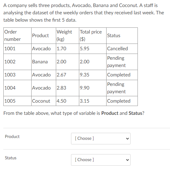 A company sells three products, Avocado, Banana and Coconut. A staff is
analysing the dataset of the weekly orders that they received last week. The
table below shows the first 5 data.
Order
number
1001
1002
1003
1004
1005
Product
Weight
(kg)
Avocado 1.70
Status
Product
Banana 2.00
Avocado 2.67
Pending
payment
Completed
From the table above, what type of variable is Product and Status?
Avocado 2.83
Total price
($)
5.95
Coconut 4.50
2.00
9.35
9.90
3.15
[Choose ]
Status
[Choose ]
Cancelled
Pending
payment
Completed